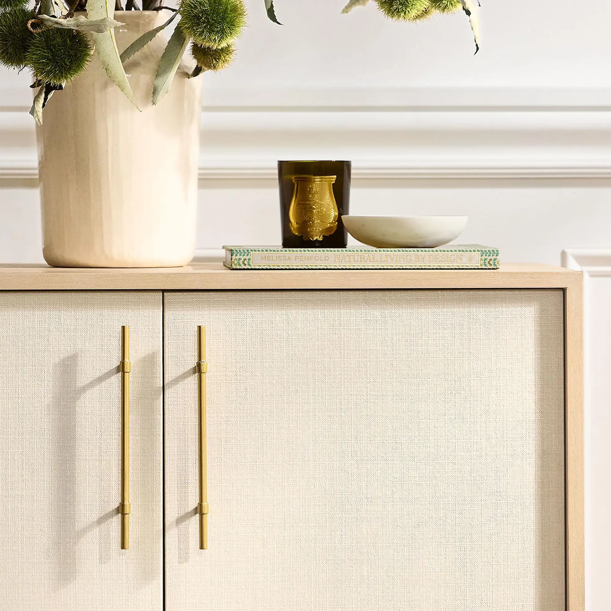 74" Oak Sideboard, Cerused Brass Linen Door Credenza