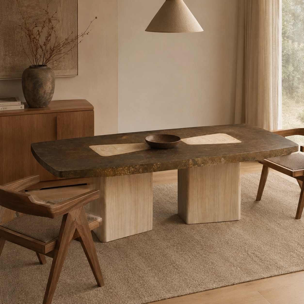 Marea Guanacaste Wood Rectangle Dining Table in Oxidized Aluminum