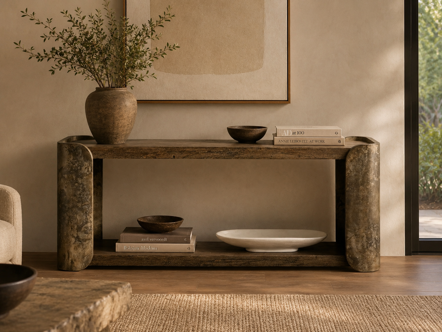 Alvaro Primavera Wood Entryway Console Table Oxidized Aluminum Hallway Entrance Table