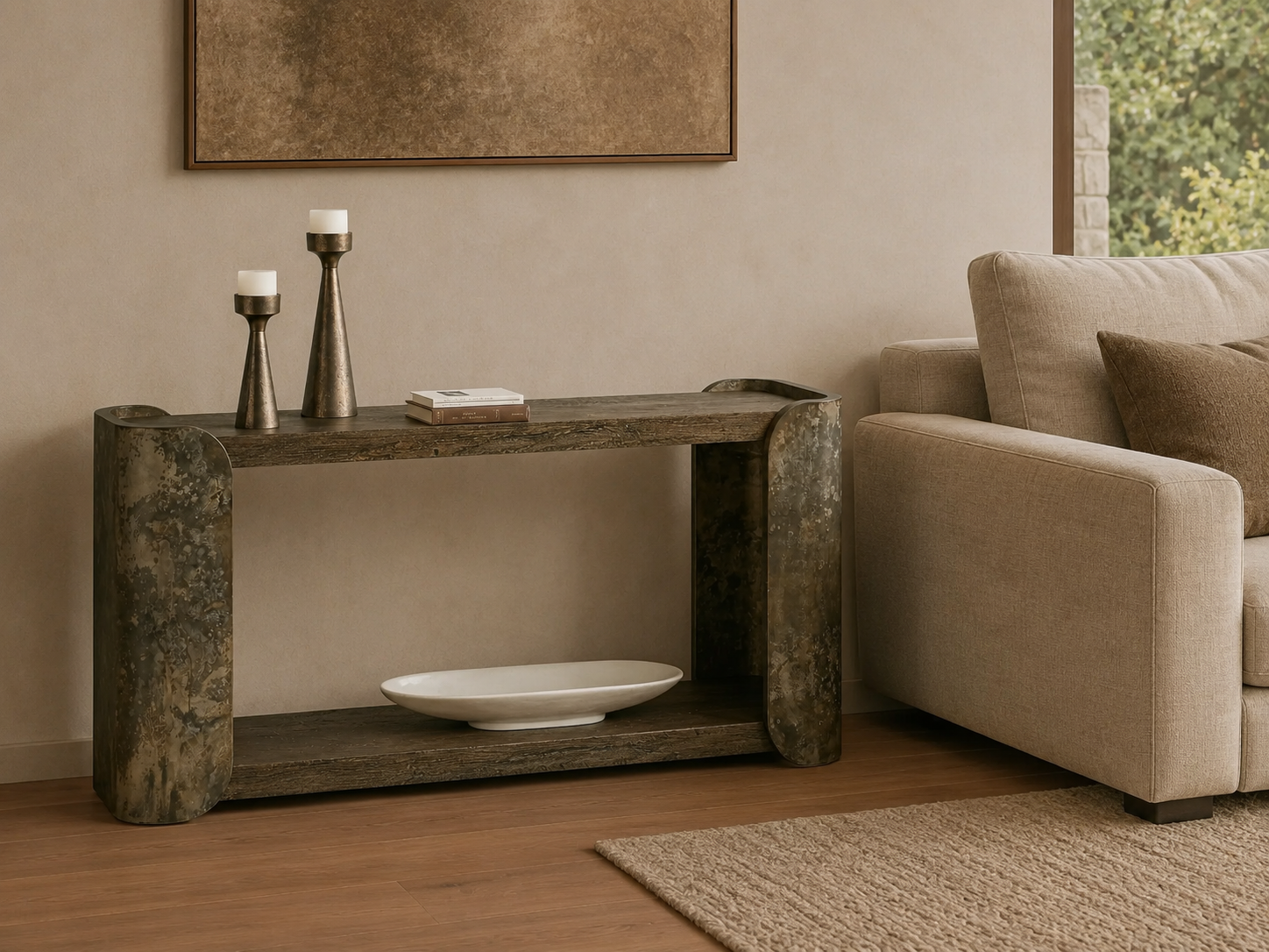 Alvaro Primavera Wood Entryway Console Table Oxidized Aluminum Hallway Entrance Table