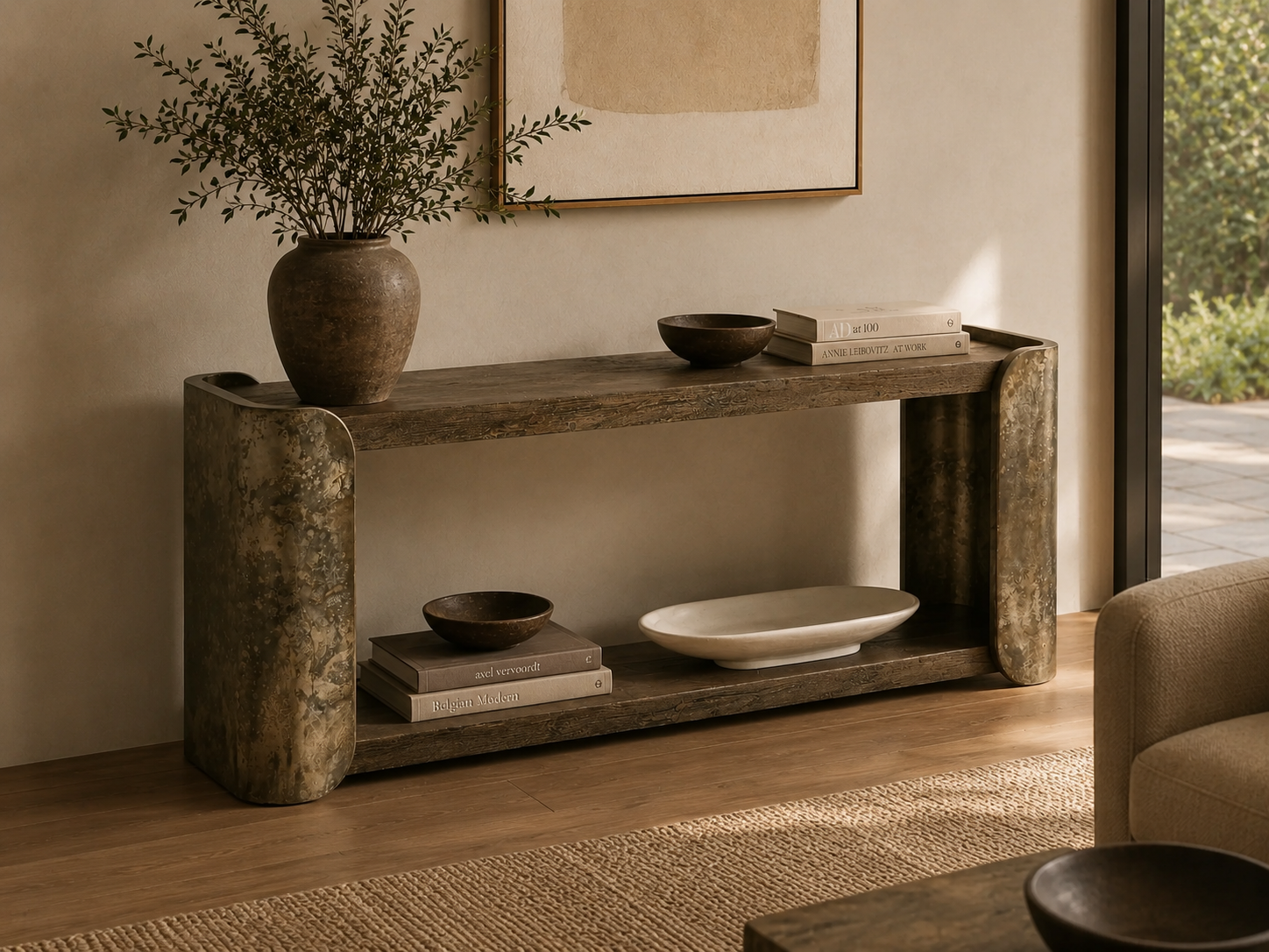 Alvaro Primavera Wood Entryway Console Table Oxidized Aluminum Hallway Entrance Table