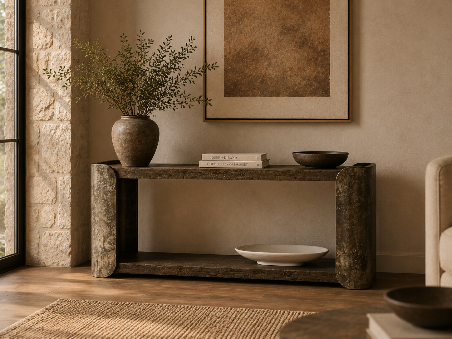 Alvaro Primavera Wood Entryway Console Table Oxidized Aluminum Hallway Entrance Table