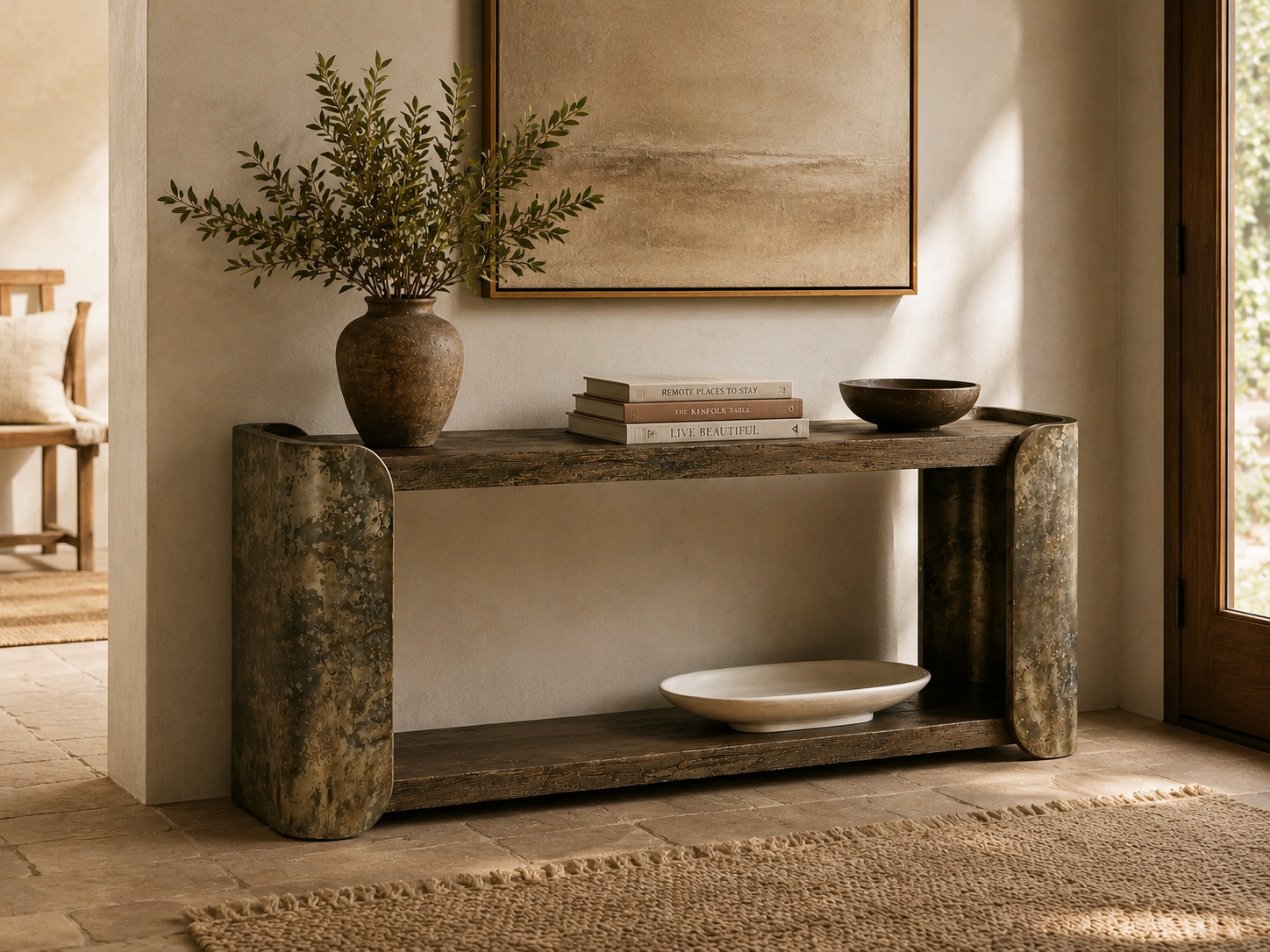Alvaro Primavera Wood Entryway Console Table Oxidized Aluminum Hallway Entrance Table