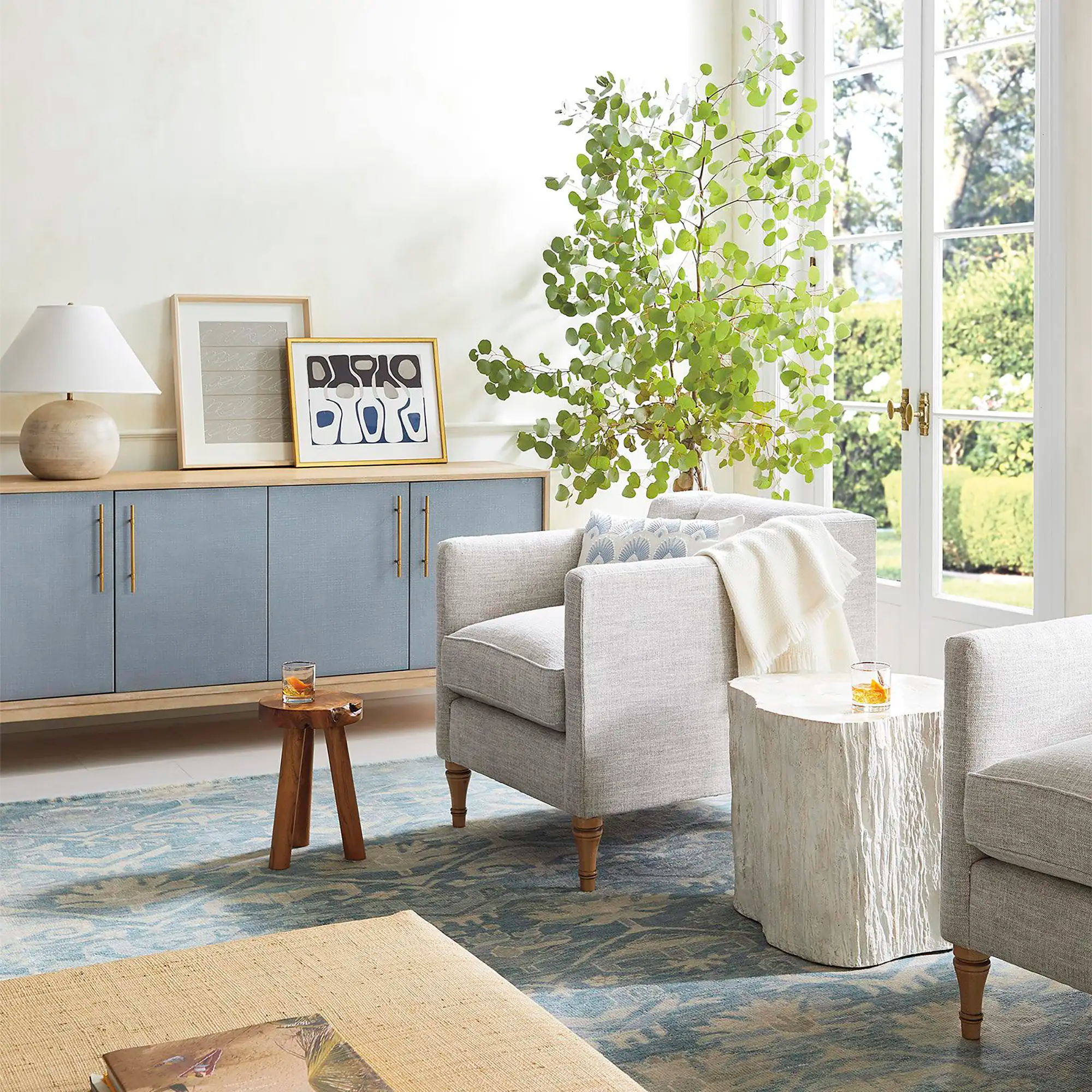 74" Oak Sideboard, Cerused Brass Linen Door Credenza