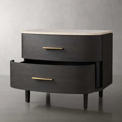 Danny Closed Nightstand Marble Top Bedside Table Brass Pulls Two-Drawer Chest
