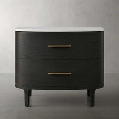 Danny Closed Nightstand Marble Top Bedside Table Brass Pulls Two-Drawer Chest