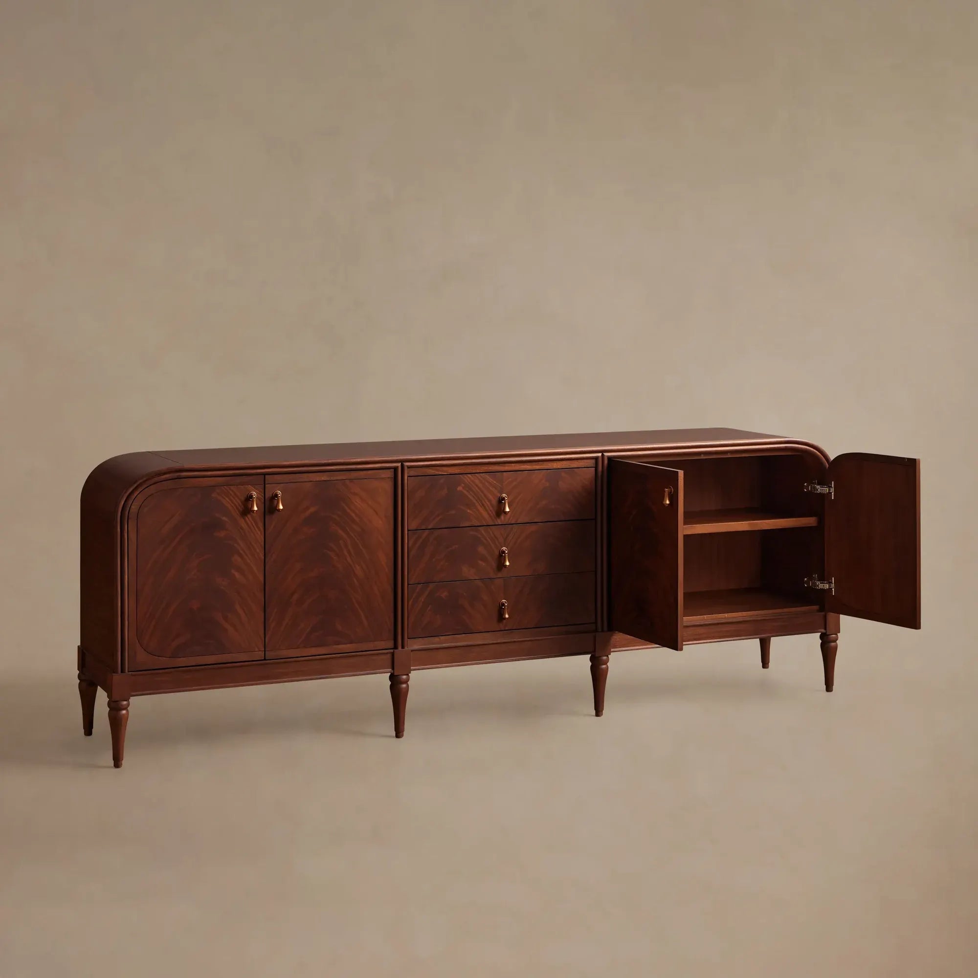 Frances Curved Mahogany Sideboard with Drawers and Brass Hardware