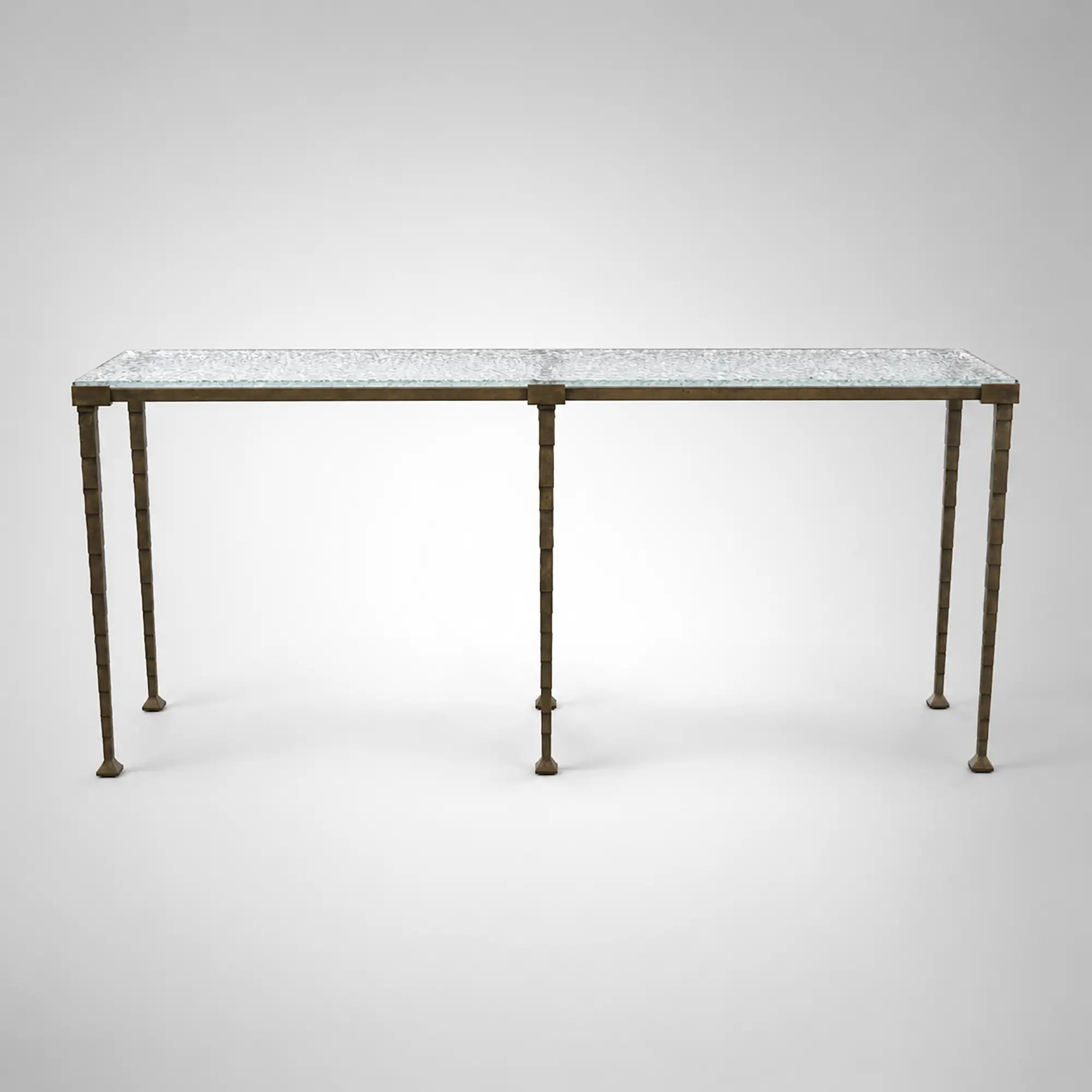 Sculptural Antique Brass Console Table with Hammered Metal Finish and Acrylic Top