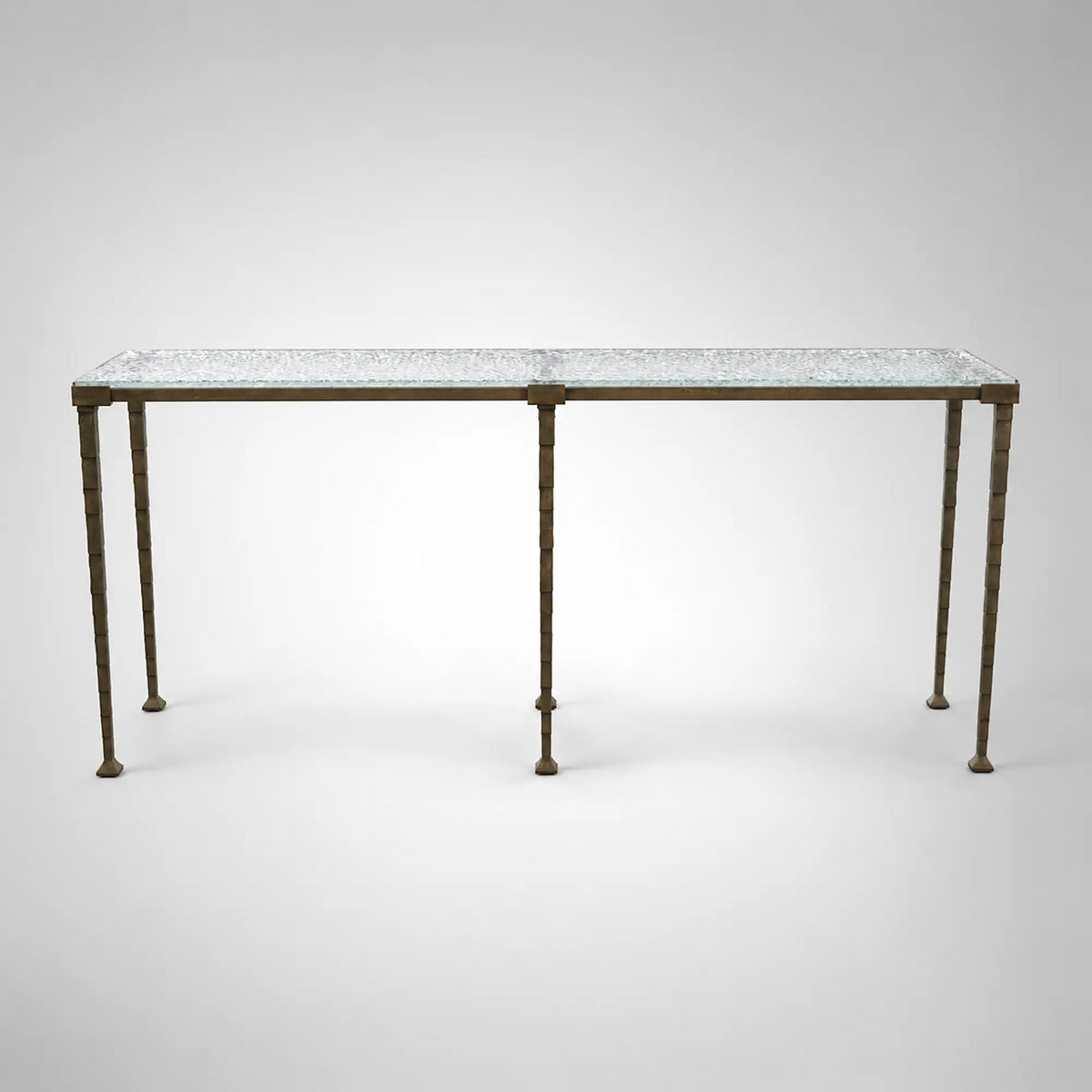 Sculptural Antique Brass Console Table with Hammered Metal Finish and Acrylic Top