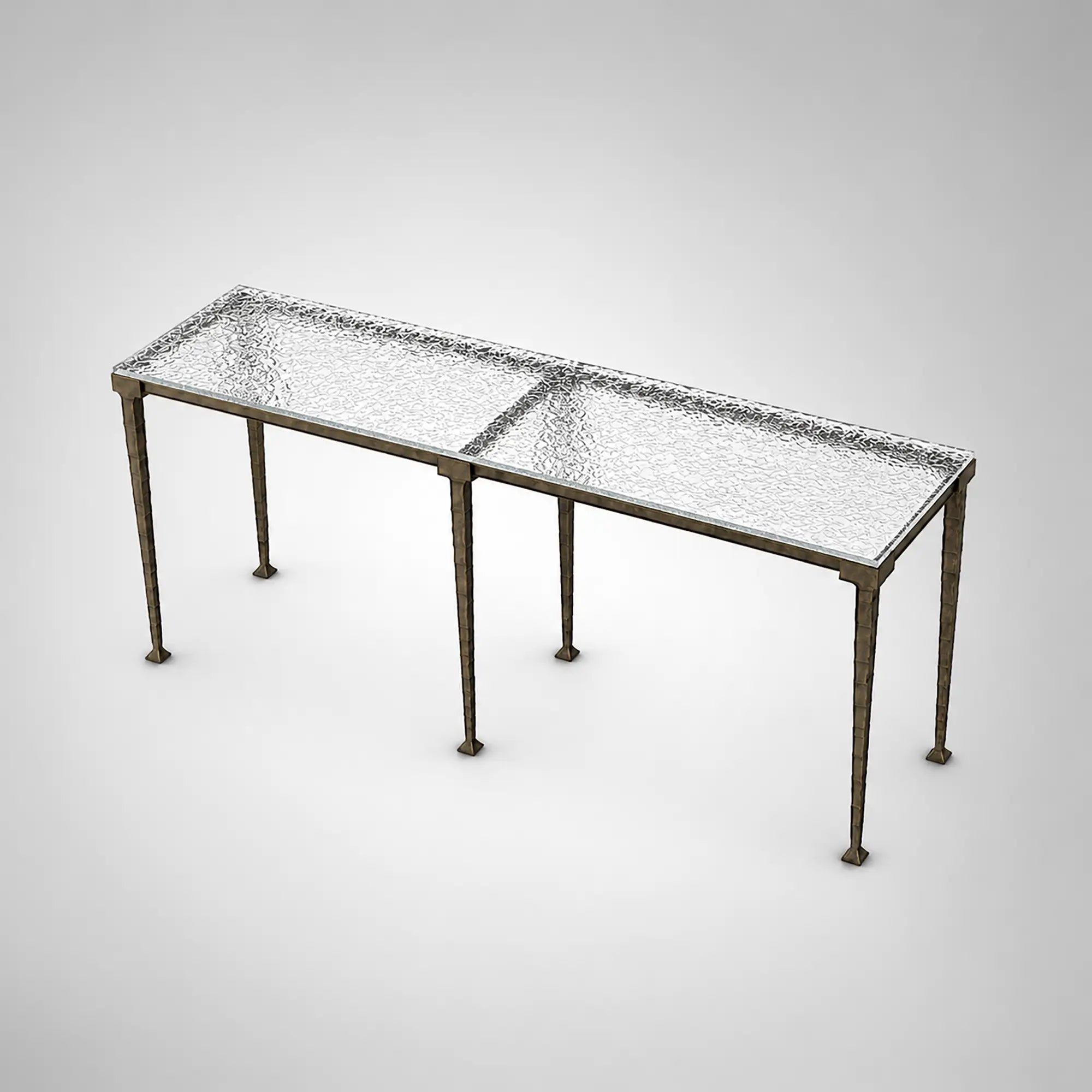 Sculptural Antique Brass Console Table with Hammered Metal Finish and Acrylic Top