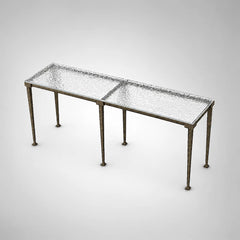 Sculptural Antique Brass Console Table with Hammered Metal Finish and Acrylic Top