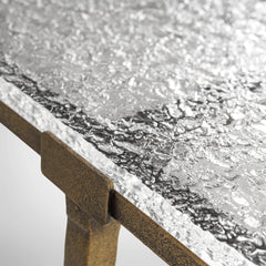 Sculptural Antique Brass Console Table with Hammered Metal Finish and Acrylic Top