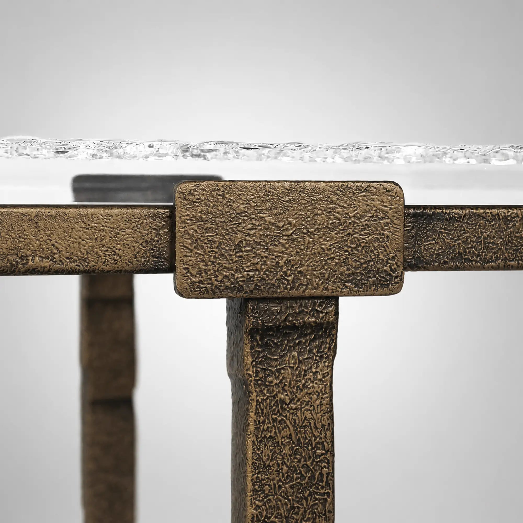 Sculptural Antique Brass Console Table with Hammered Metal Finish and Acrylic Top