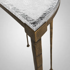 Sculptural Antique Brass Console Table with Hammered Metal Frame and Acrylic Top