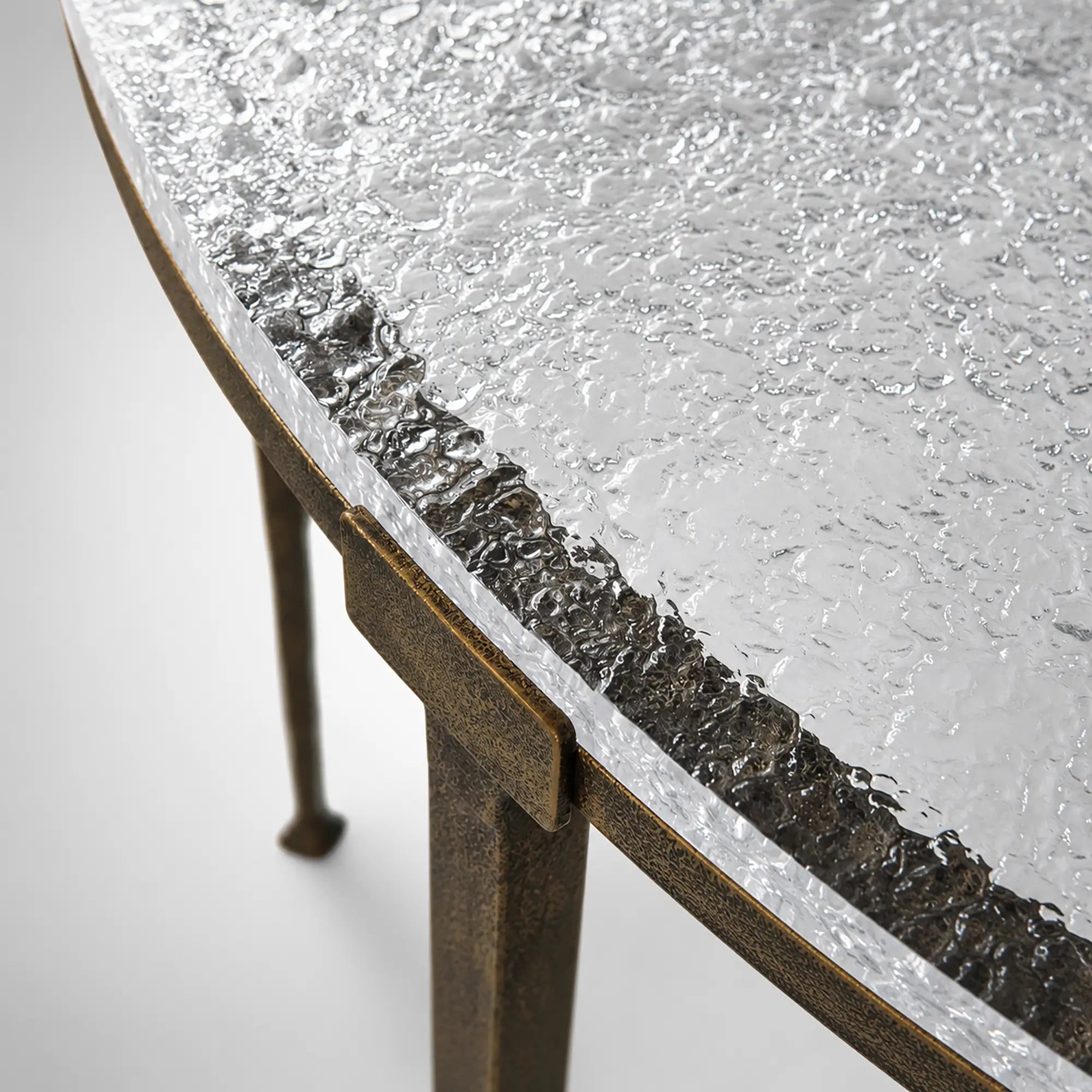 Sculptural Antique Brass Console Table with Hammered Metal Frame and Acrylic Top