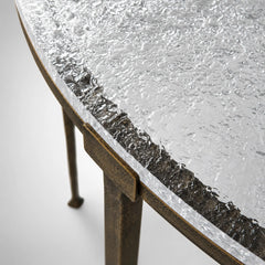 Sculptural Antique Brass Console Table with Hammered Metal Frame and Acrylic Top
