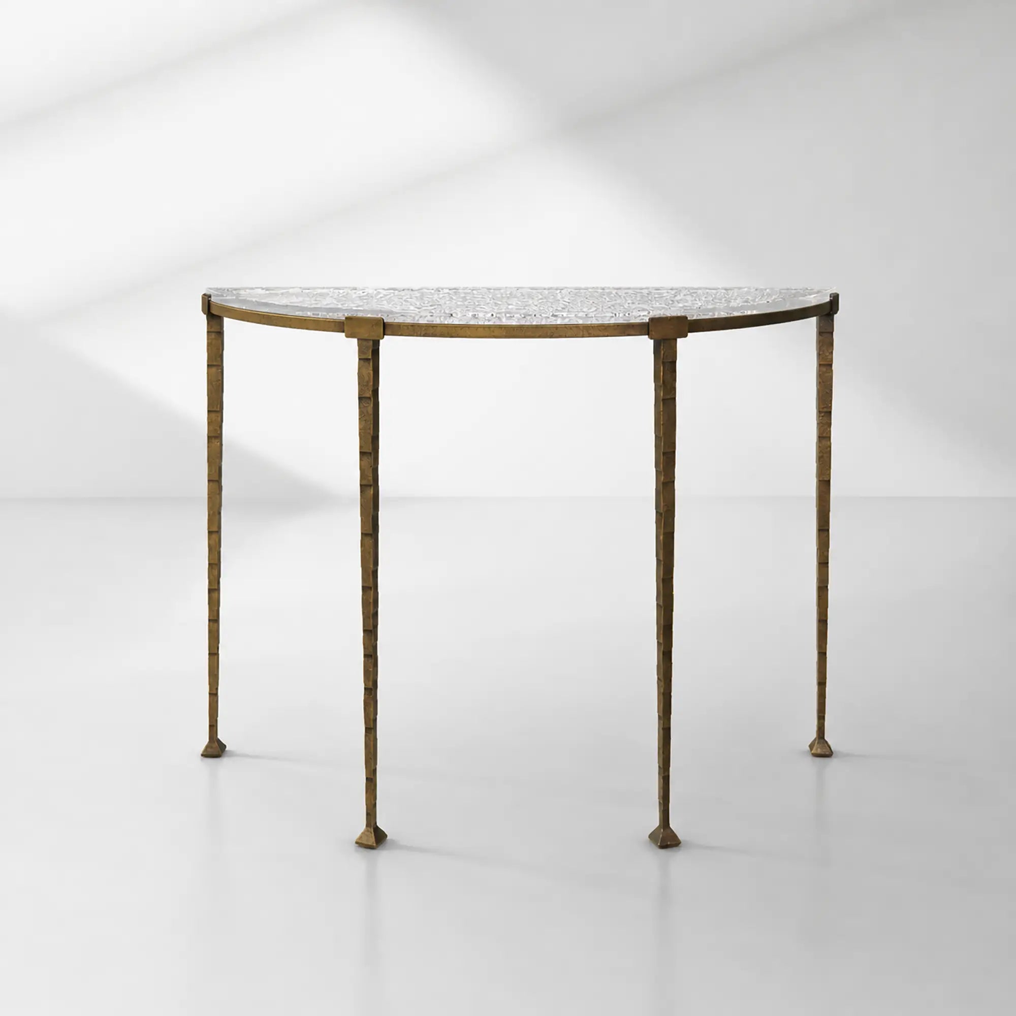 Sculptural Antique Brass Console Table with Hammered Metal Frame and Acrylic Top