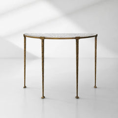 Sculptural Antique Brass Console Table with Hammered Metal Frame and Acrylic Top