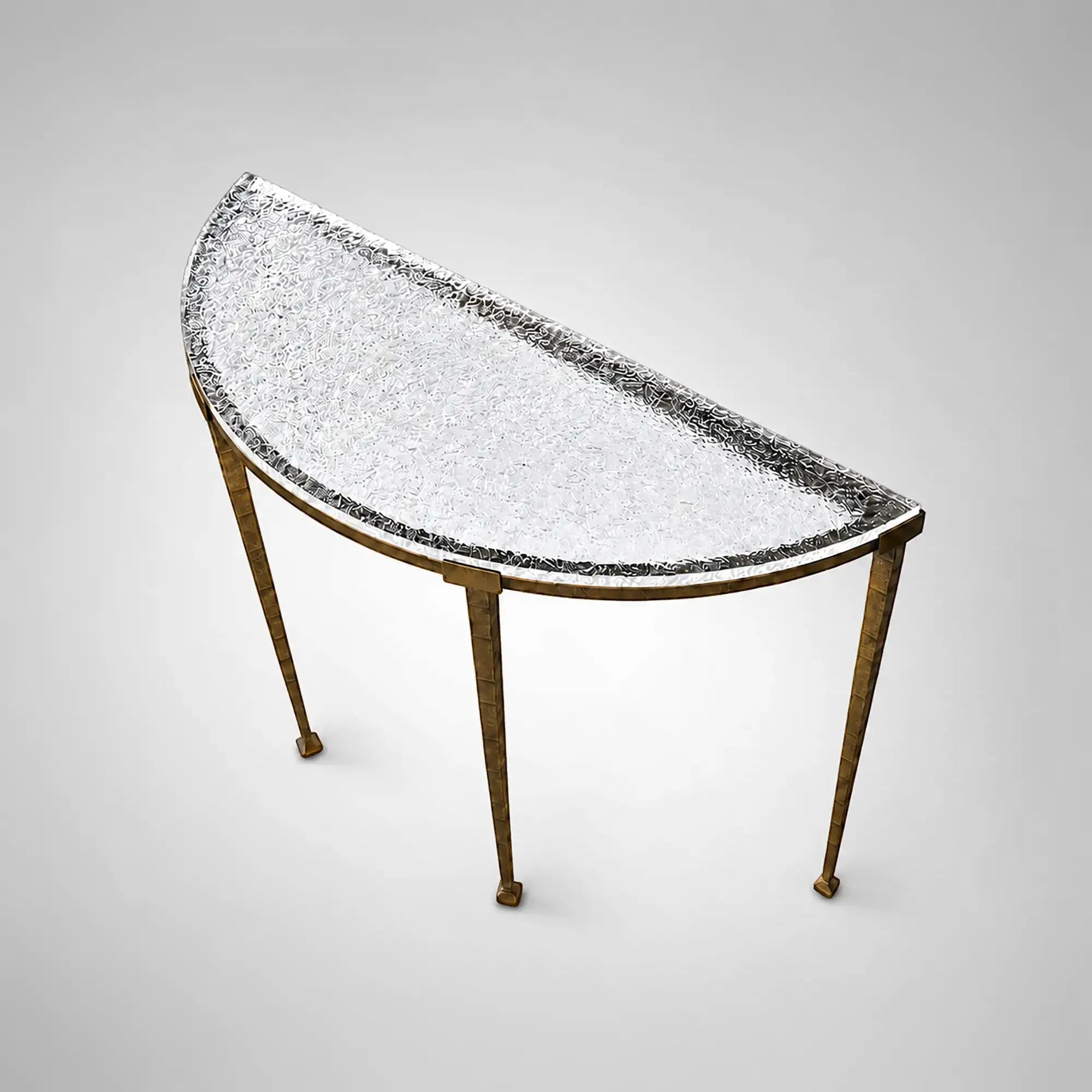 Sculptural Antique Brass Console Table with Hammered Metal Frame and Acrylic Top