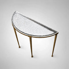 Sculptural Antique Brass Console Table with Hammered Metal Frame and Acrylic Top