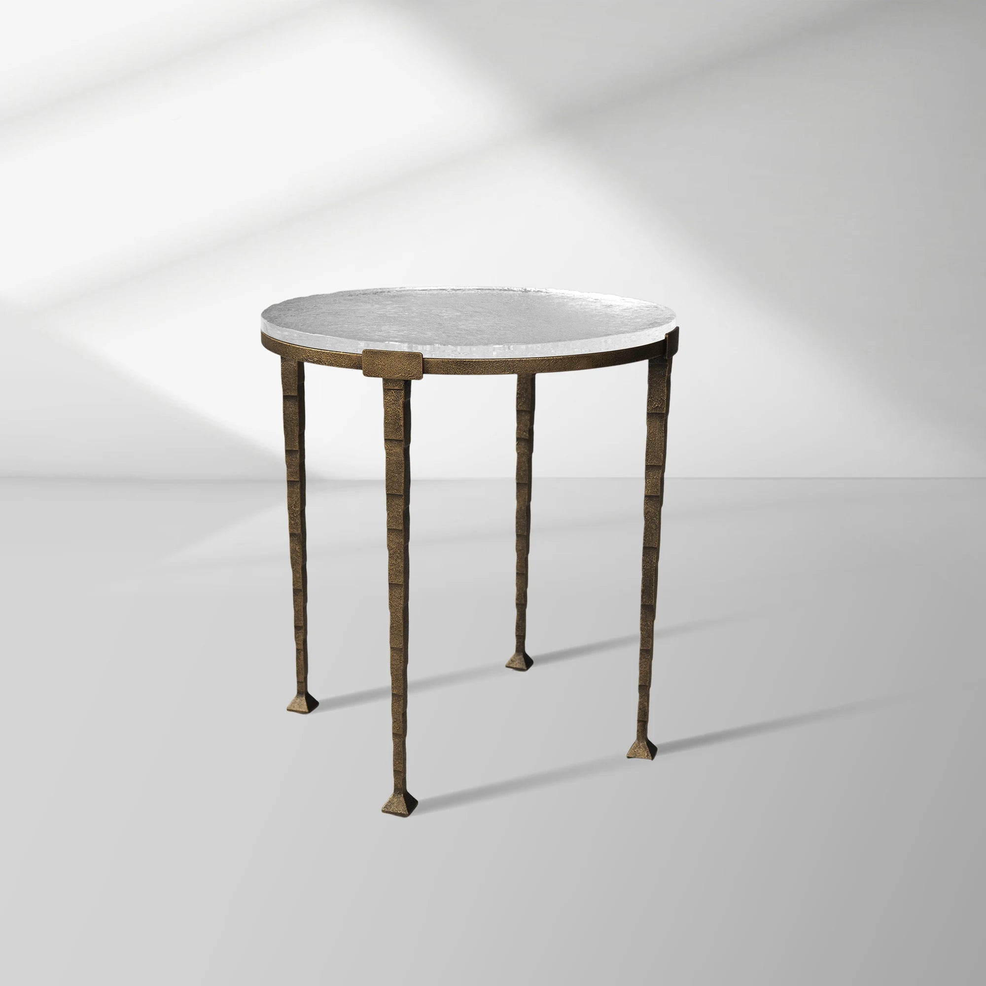 Sculptural Antique Brass Side Table with Hammered Metal Frame and Acrylic Top