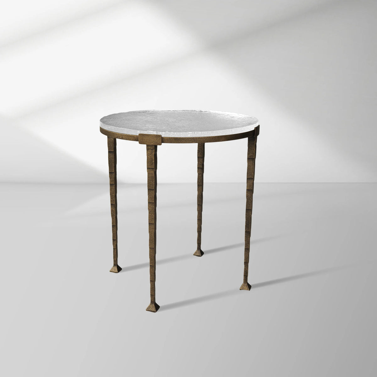 Sculptural Antique Brass Side Table with Hammered Metal Frame and Acrylic Top