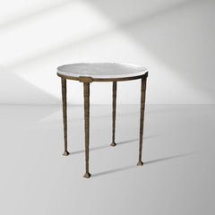 Sculptural Antique Brass Side Table with Hammered Metal Frame and Acrylic Top