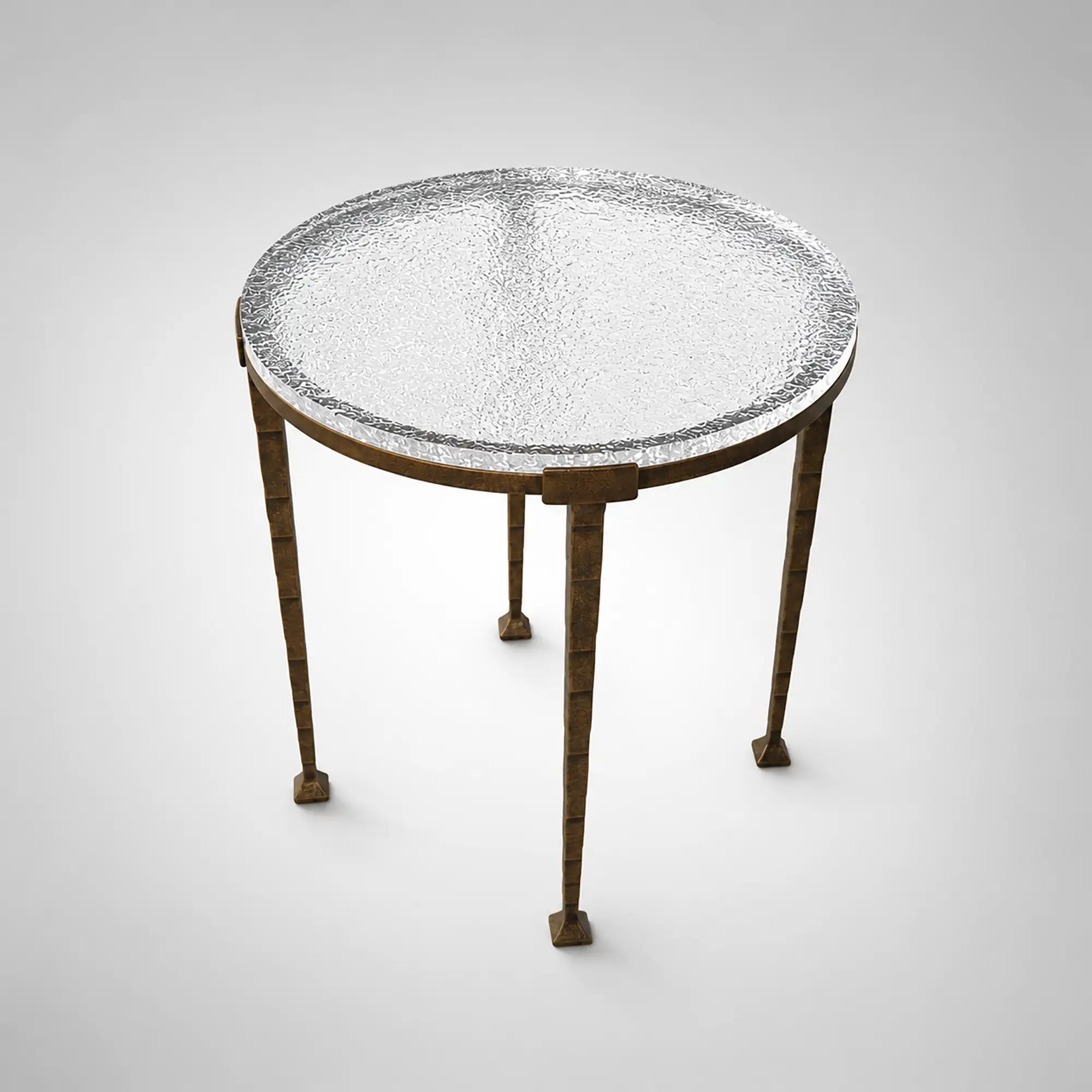 Sculptural Antique Brass Side Table with Hammered Metal Frame and Acrylic Top