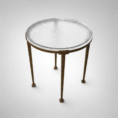 Sculptural Antique Brass Side Table with Hammered Metal Frame and Acrylic Top