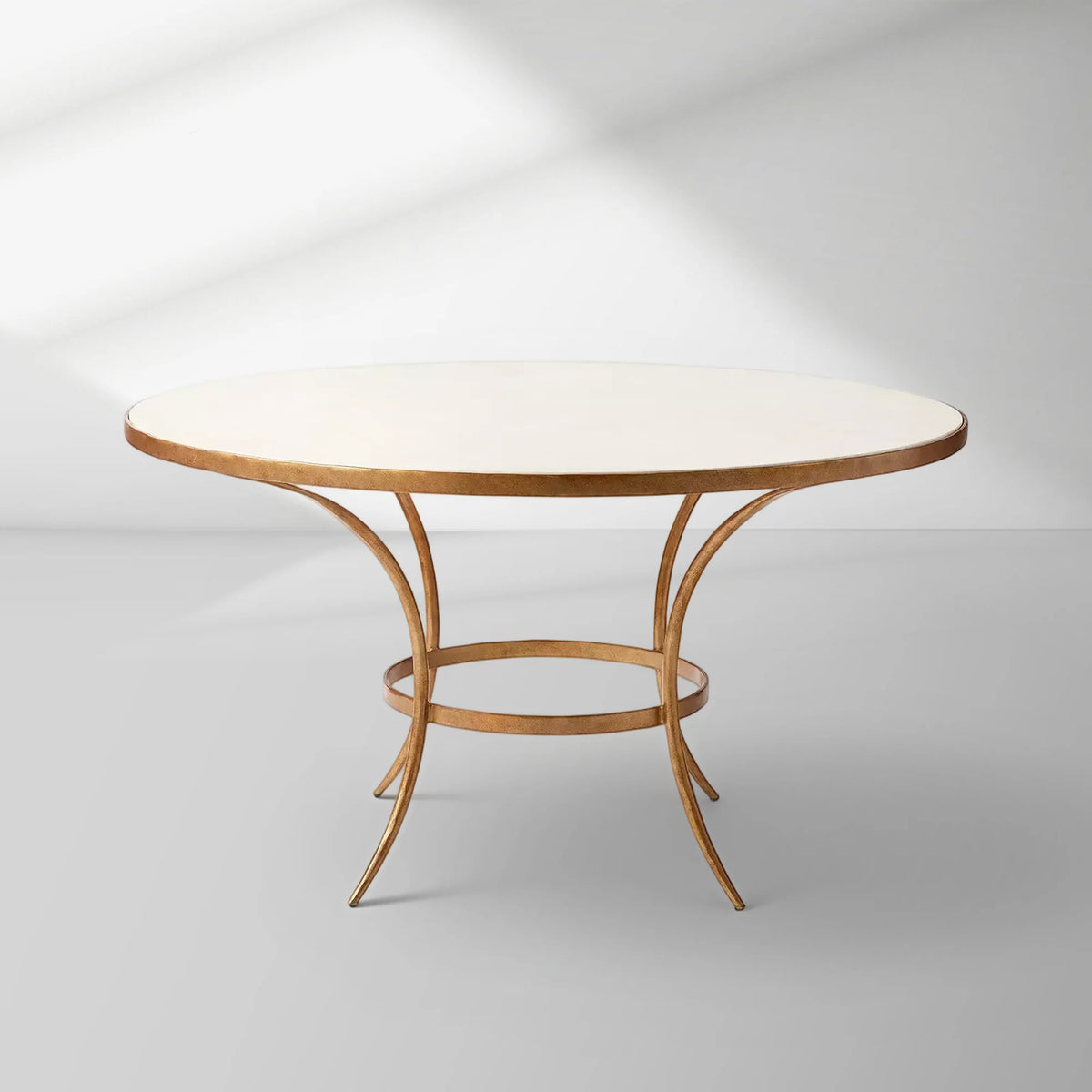 Beaumont Round Sandstone Dining Table – Gilded Iron, Seats 4–6