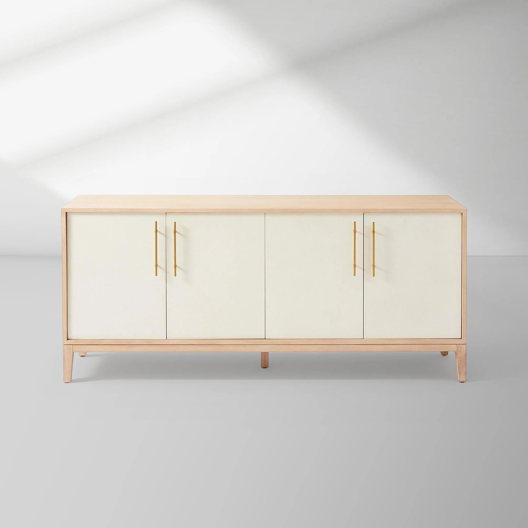74" Oak Sideboard, Cerused Brass Linen Door Credenza