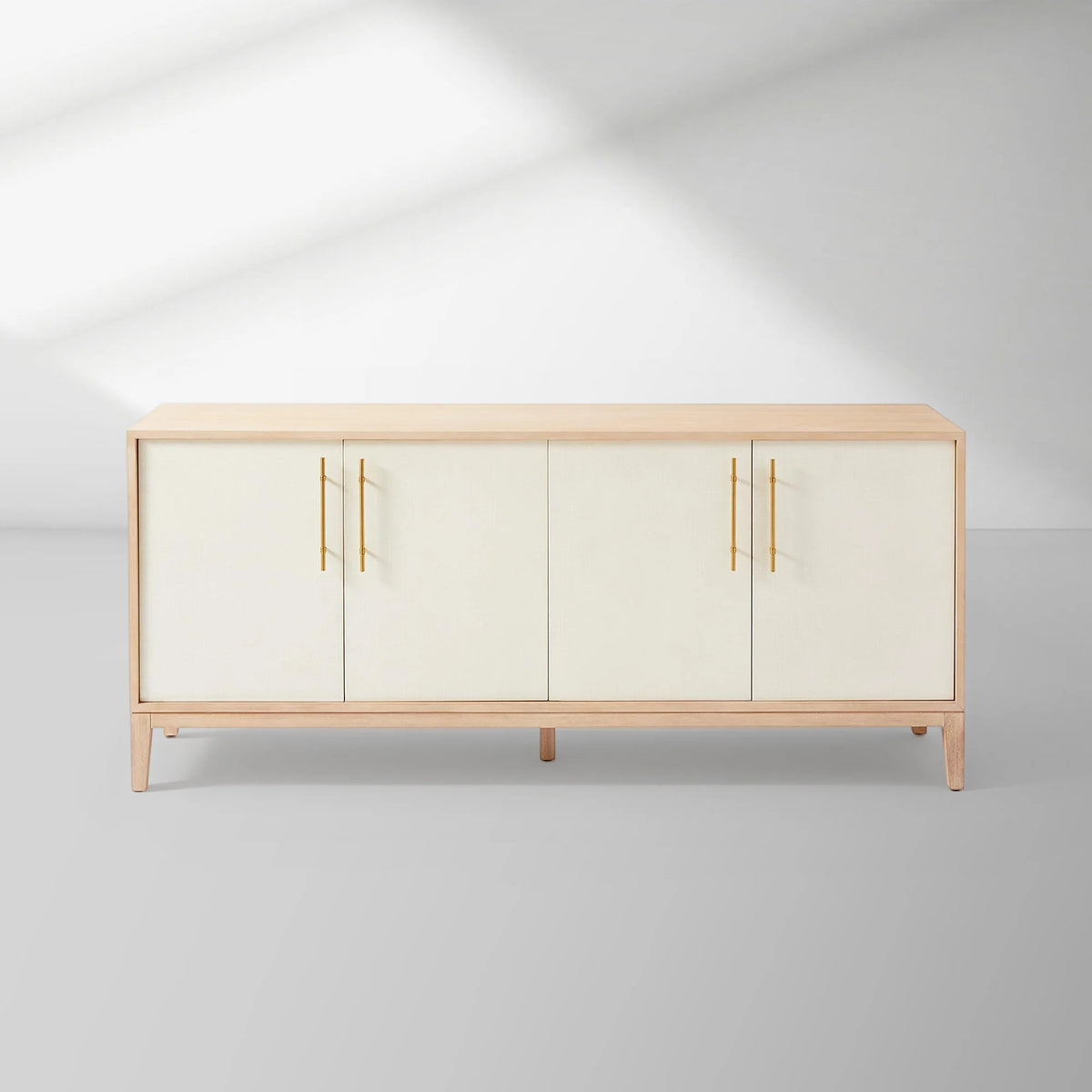 74" Oak Sideboard, Cerused Brass Linen Door Credenza