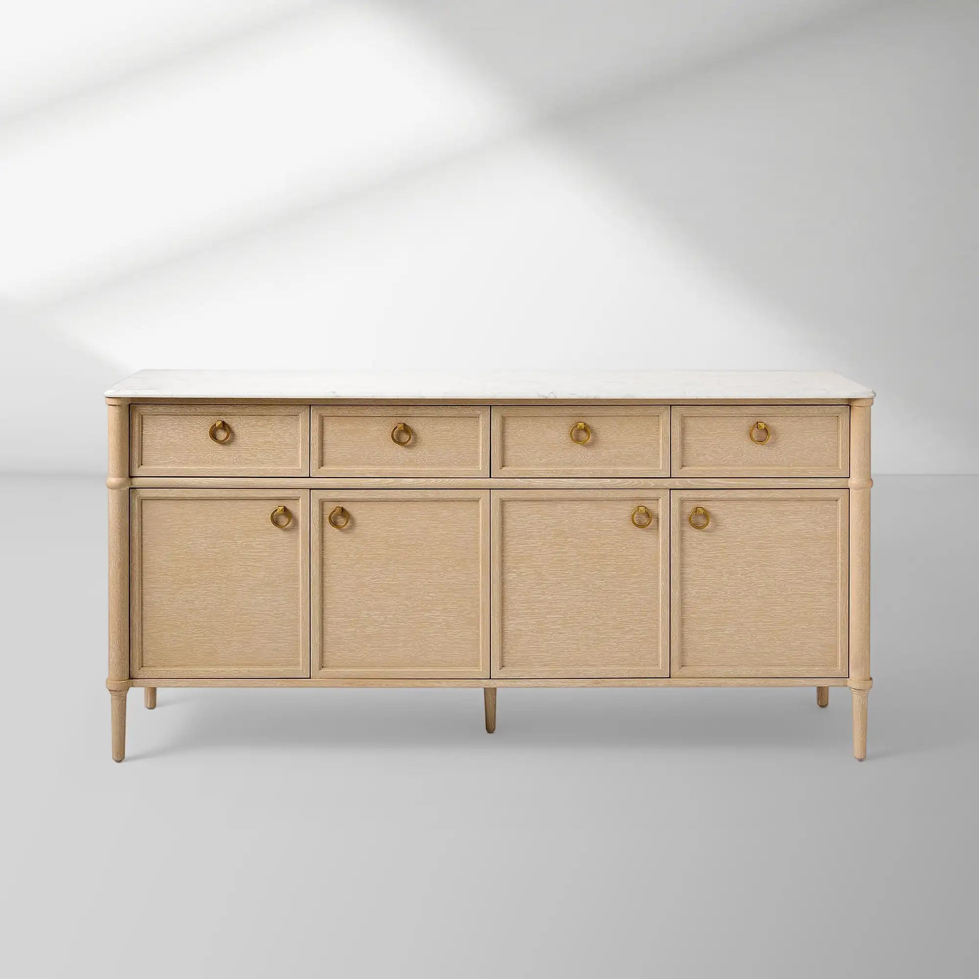 Marble Top Buffet Sideboard, 75" Oak Carrara Brass Pulls