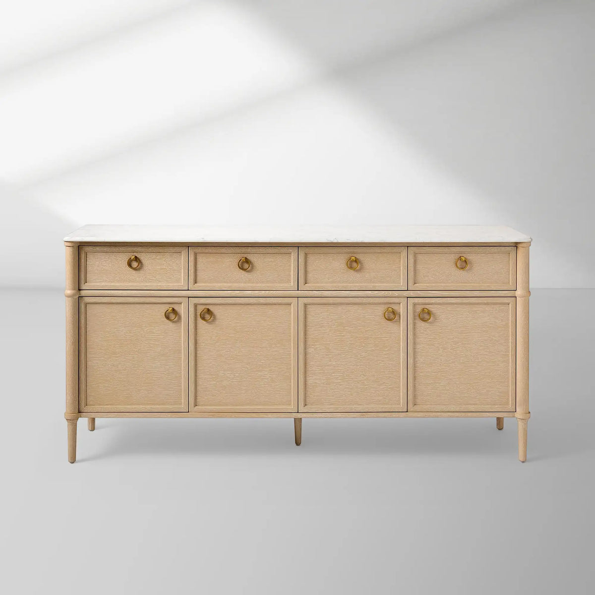 Marble Top Buffet Sideboard, 75" Oak Carrara Brass Pulls