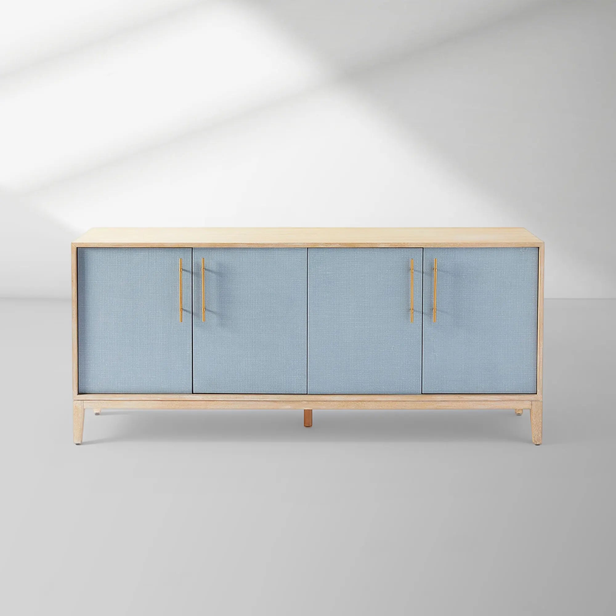74" Oak Sideboard, Cerused Brass Linen Door Credenza