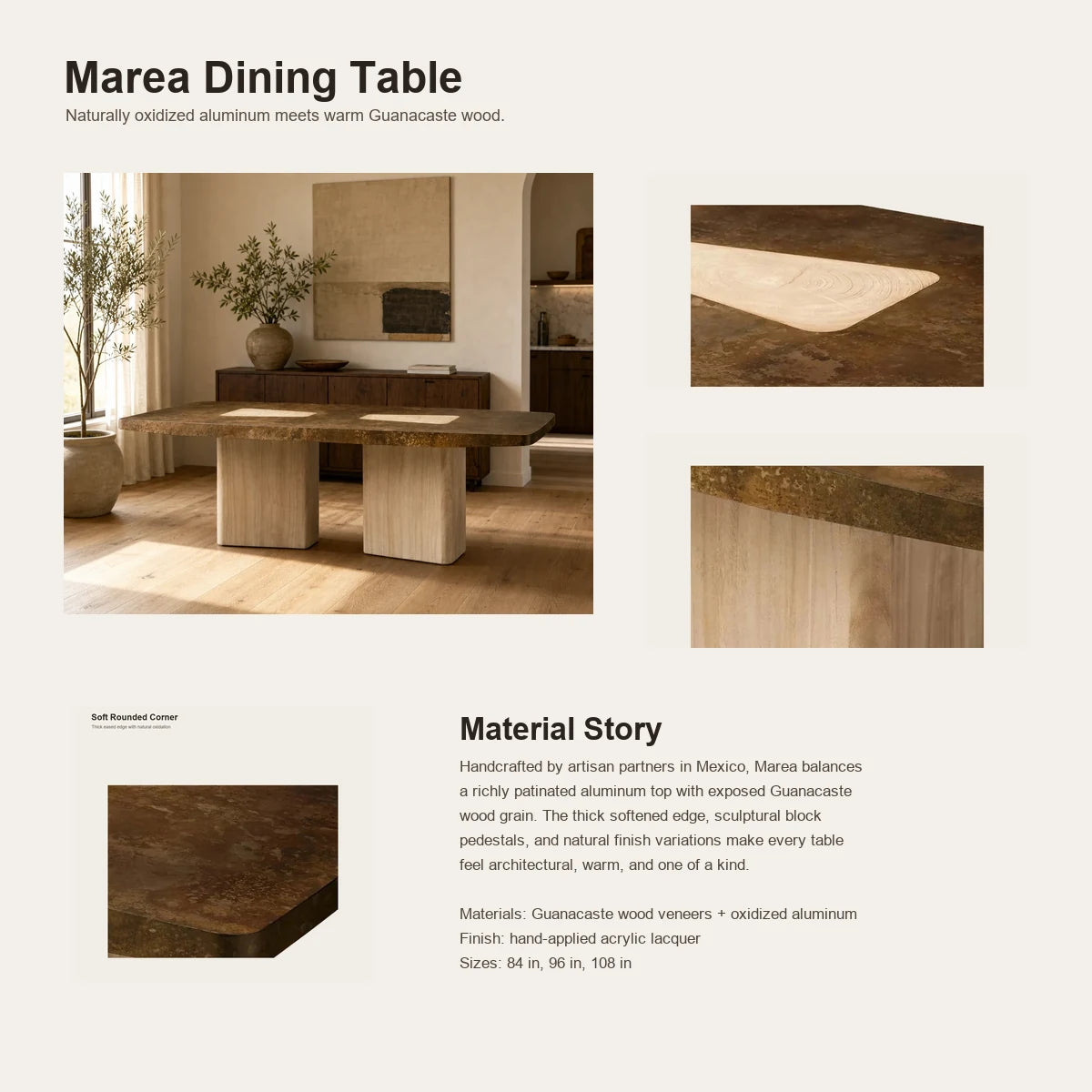 Marea Guanacaste Wood Rectangle Dining Table in Oxidized Aluminum