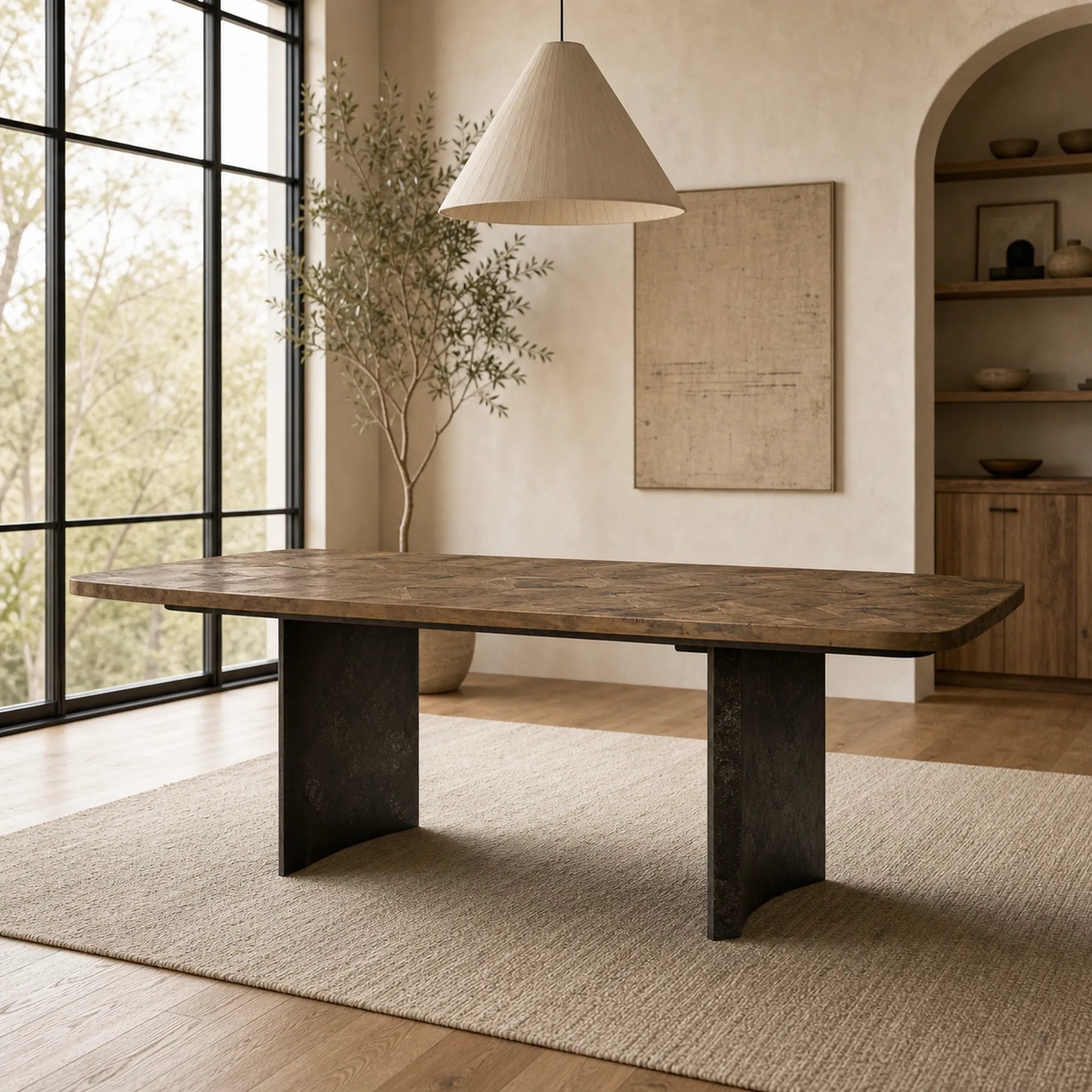 Polanco Wood Dining Table with Naturally Oxidized Steel panels Base