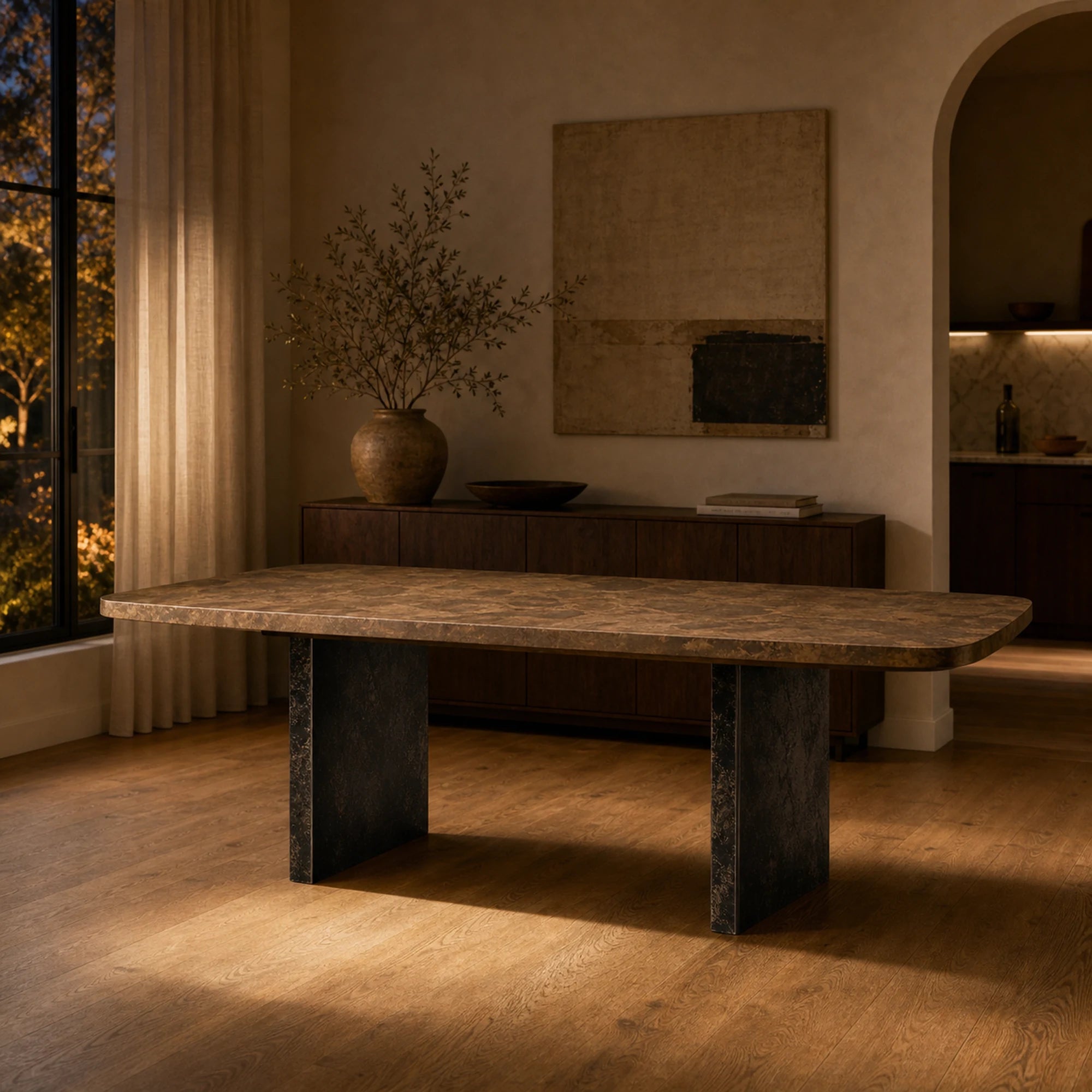 Polanco Wood Dining Table with Naturally Oxidized Steel panels Base