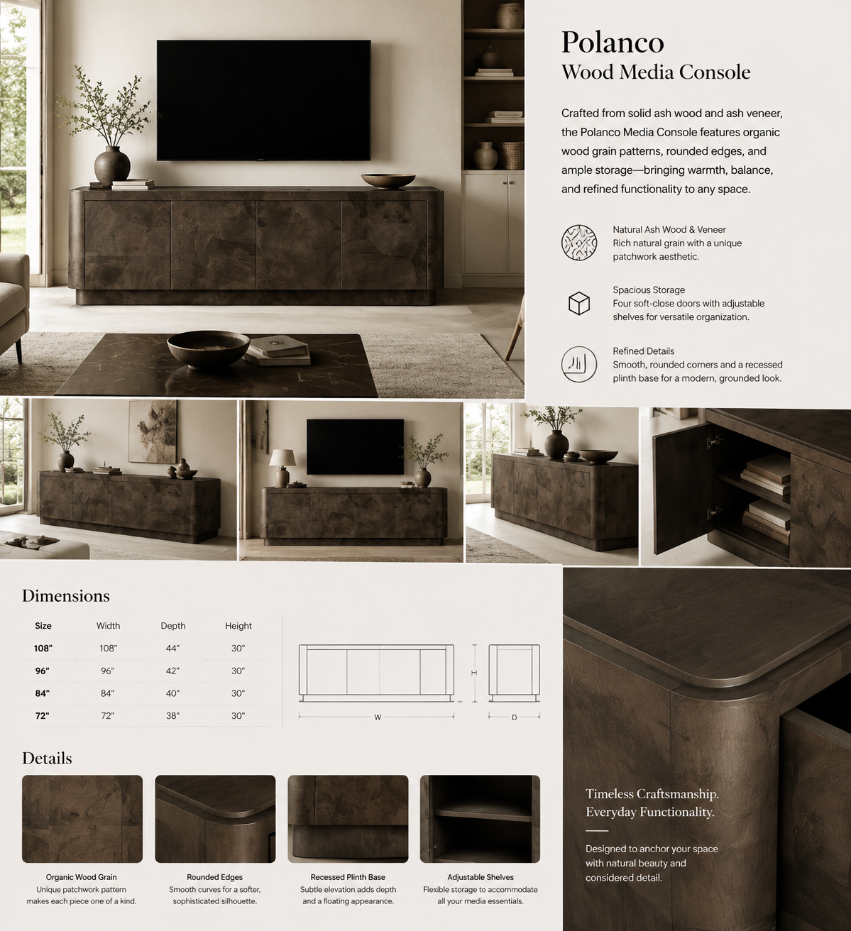 Polanco TV Stand Unit Wood Sideboard Media Console Ash Entryways Storage Cabinet
