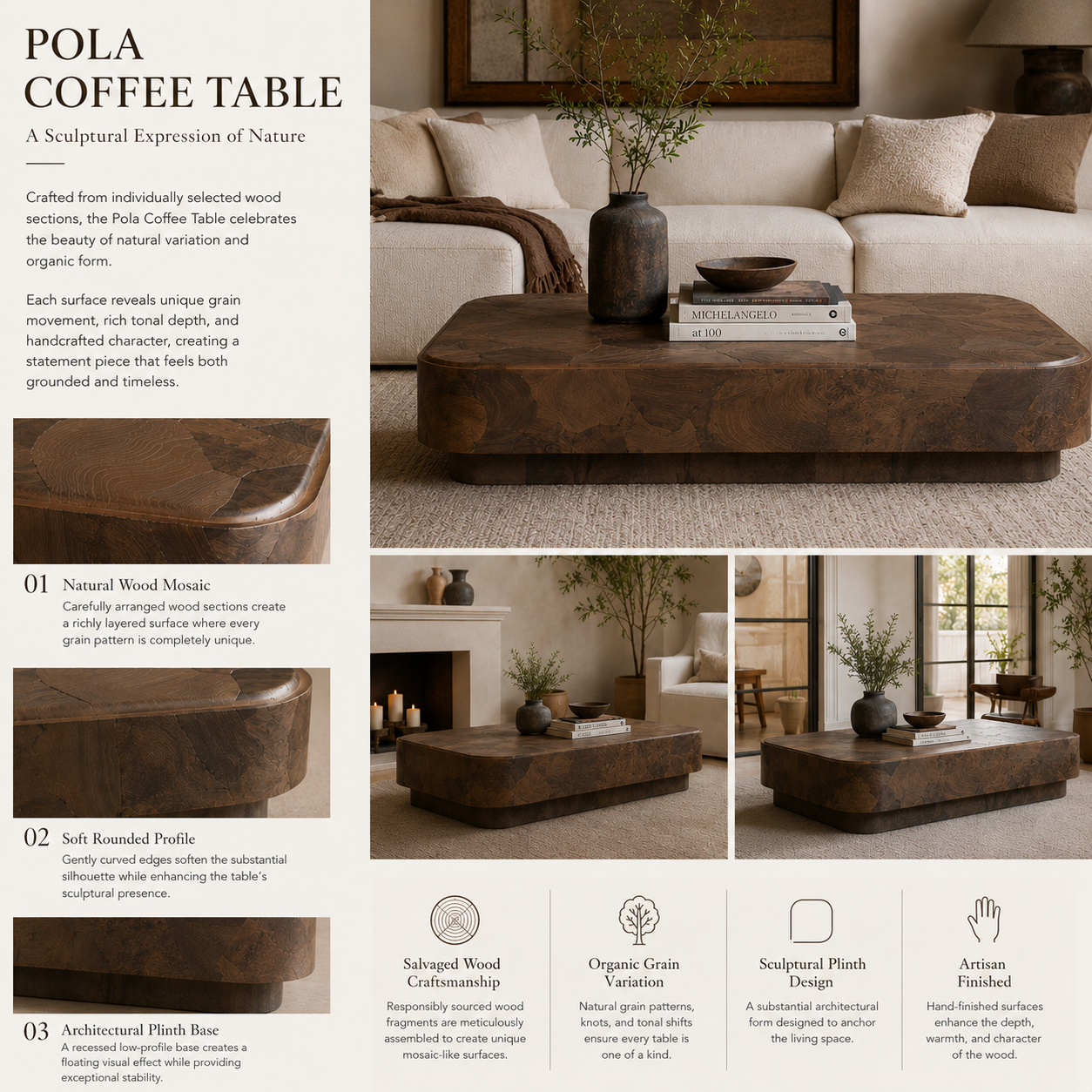 Polanco Ash Burl Plinth Coffee Table with Oxidized Steel Base