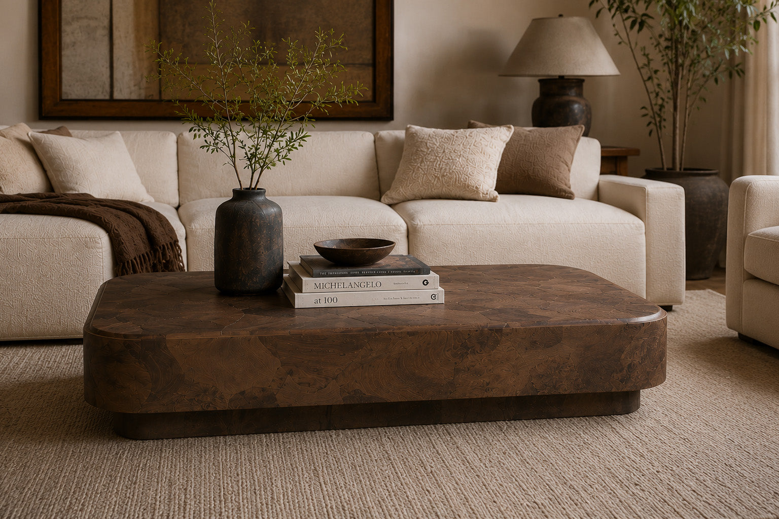 Polanco Ash Burl Plinth Coffee Table with Oxidized Steel Base