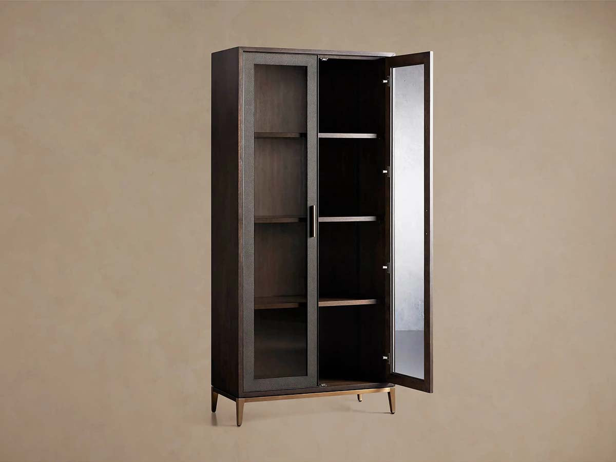 Malone Textured Leather Tall Display Cabinet Wood Storage Cabinet with Glass Doors