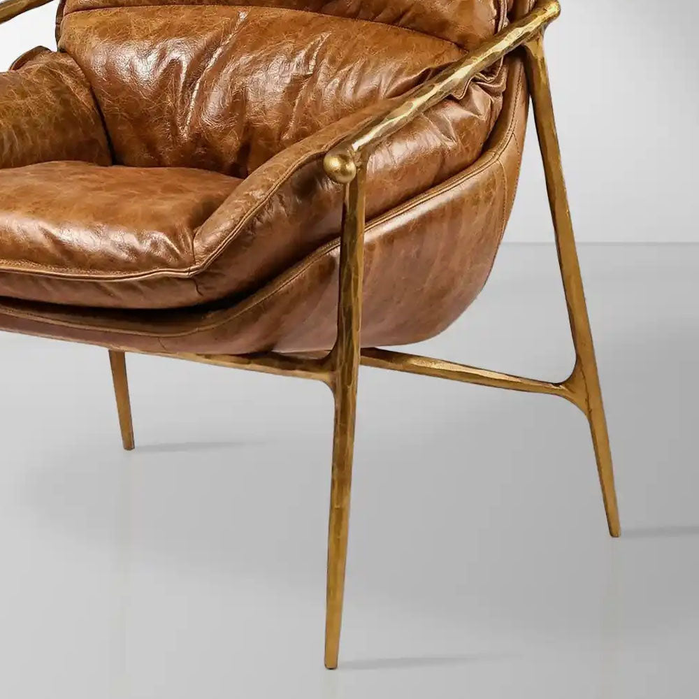 Thaddeus Artisan Brown Leather Accent Sofa Chair with Hand-Forged Metal Frame