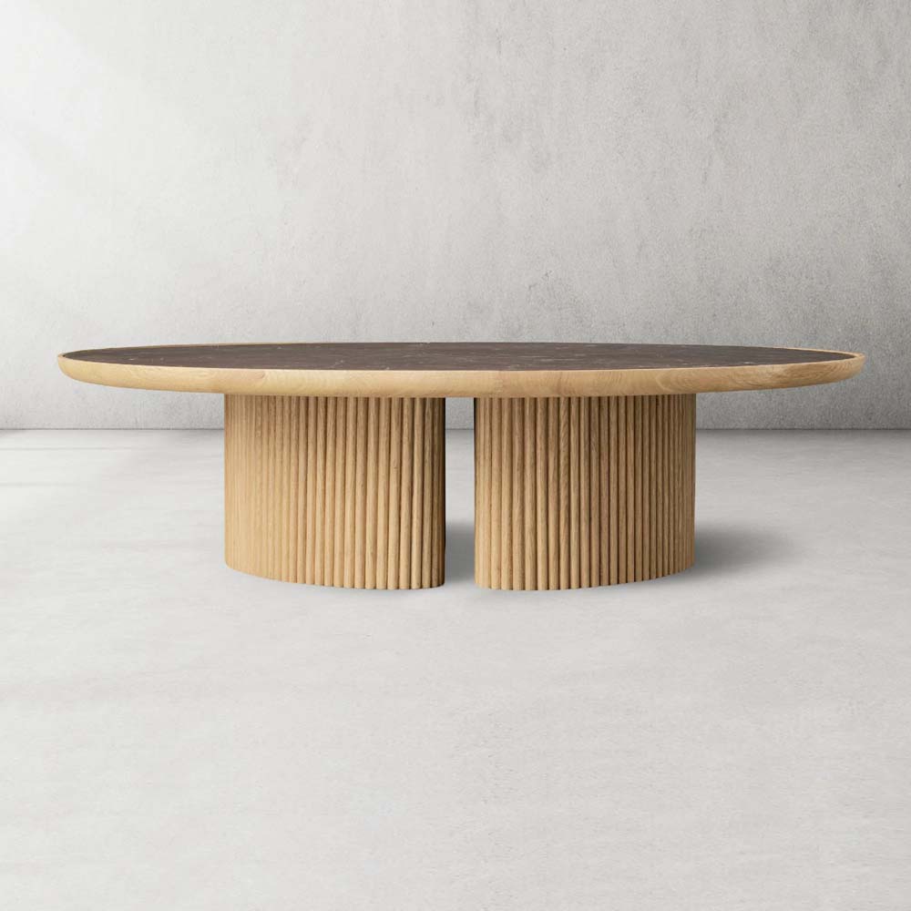 Astor Round Marble Top Coffee Table Wood Cocktail Table Reeded Oak Base Sofa Center Tea Table