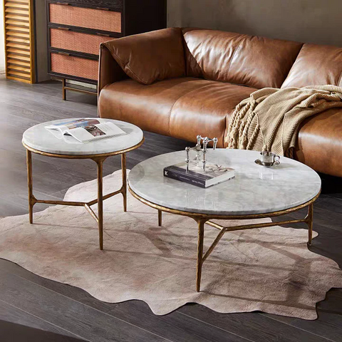 Thaddeus 24-inch Brass Round Side Table with Marble Top