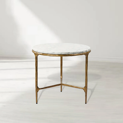 Thaddeus 24-inch Brass Round Side Table with Marble Top