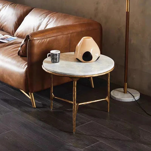 Thaddeus 24-inch Brass Round Side Table with Marble Top