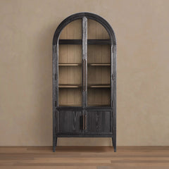 Hattie Glass Tall Display Cabinet Oak Wood Living Room Storage Cabinet