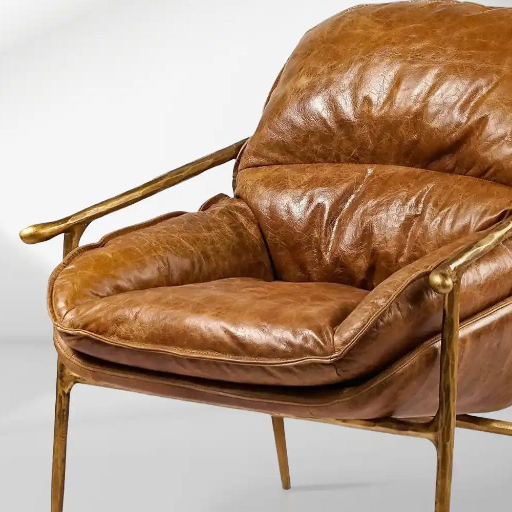 Thaddeus Artisan Brown Leather Accent Sofa Chair with Hand-Forged Metal Frame