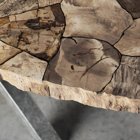 Petra Rectangle Dining Table marble & Petrified Wood Top with Iron Base